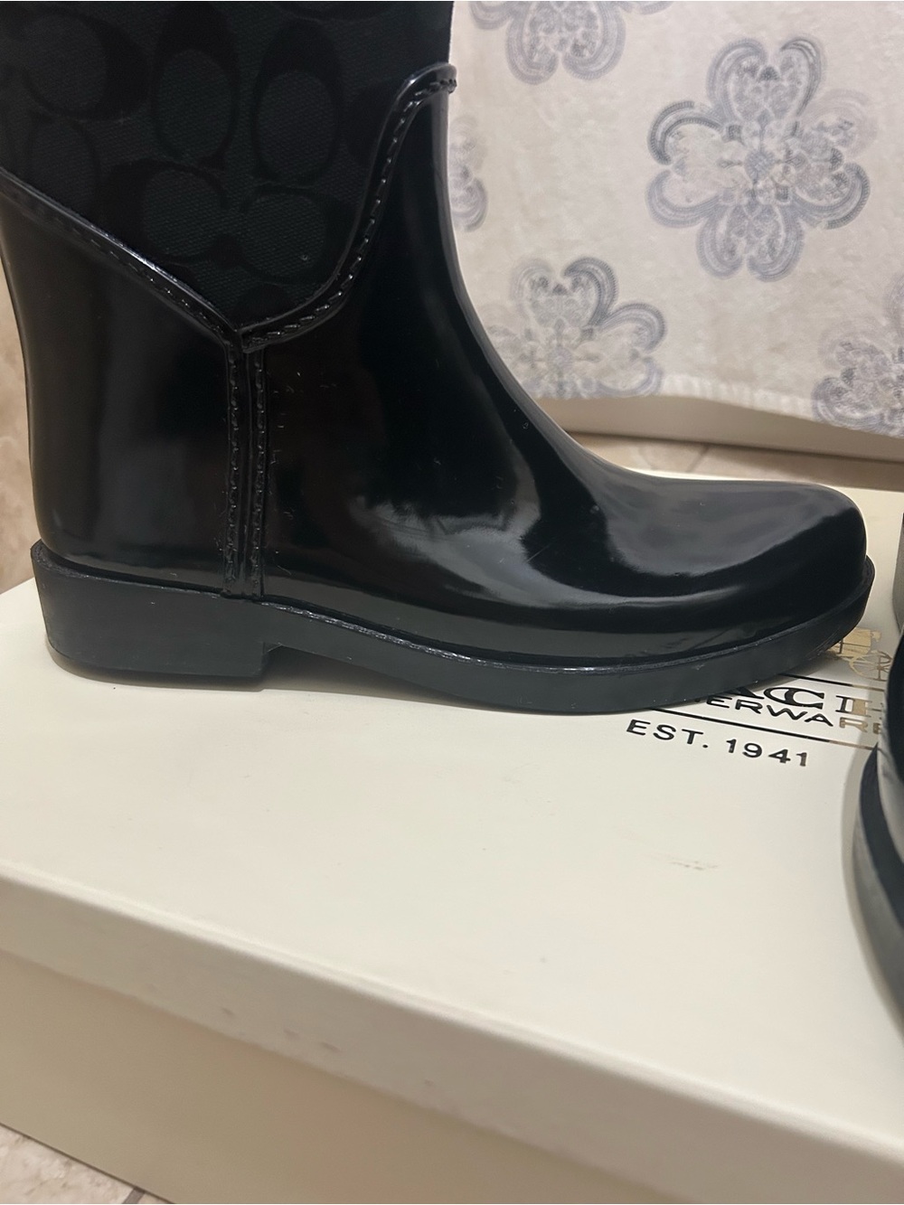 Coach Tristee Black Signature Knee High Rain Boots with Black Ribbon - Picture 9 of 13